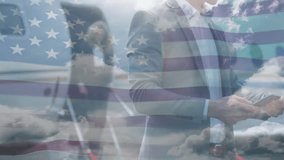 American flag animation overlaying business people using smartphones outdoors. USA, patriotism, teamwork, technology, professionals, networking - Powered by Shutterstock - Get 15% off with code: PIKWIZARD15
