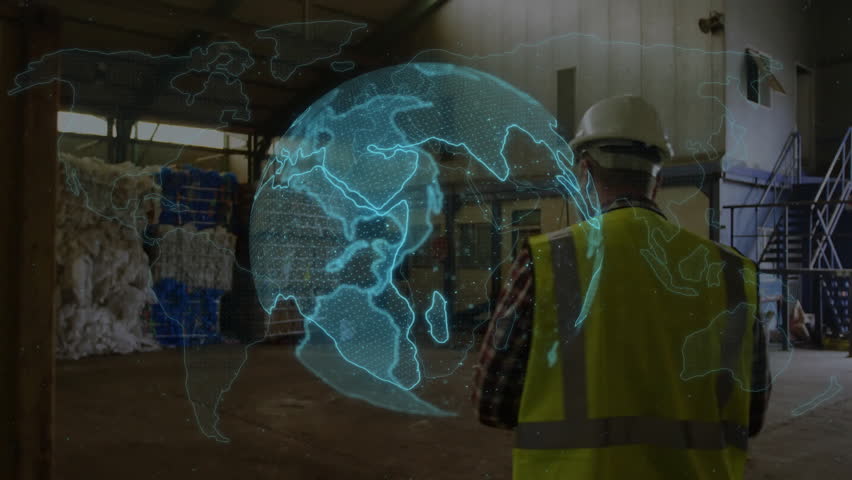 Worker in safety gear in warehouse with rotating globe animation over. Industry, global, logistics, technology, protection - Powered by Shutterstock - Get 15% off with code: PIKWIZARD15