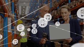 Discussing logistics, warehouse workers with digital network and music icons animation. technology, teamwork, networking - Powered by Shutterstock - Get 15% off with code: PIKWIZARD15