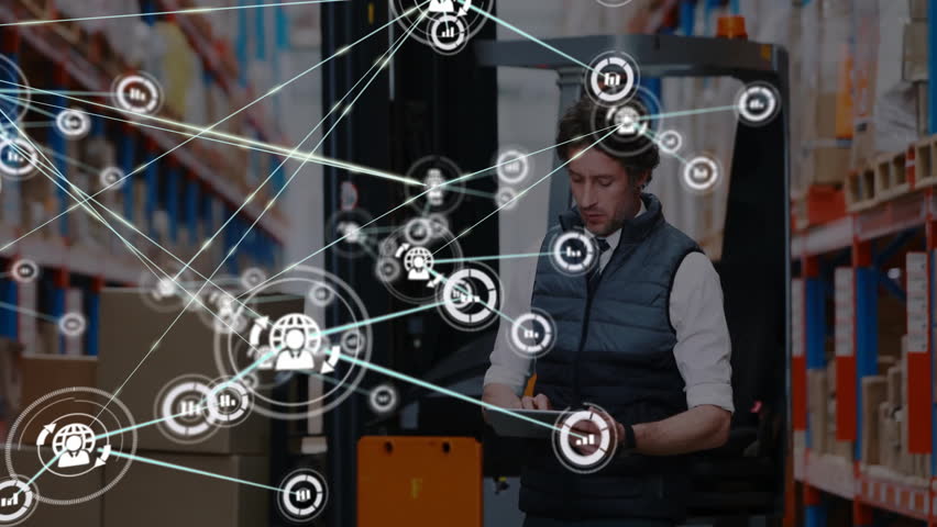 Using tablet in warehouse, man with network of connections and data processing animation. Technology, logistics, inventory, management, efficiency, innovation - Powered by Shutterstock - Get 15% off with code: PIKWIZARD15