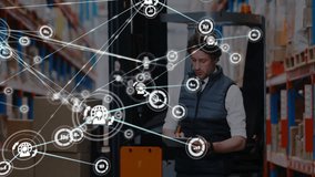 Using tablet in warehouse, man with network of connections and data processing animation. Technology, logistics, inventory, management, efficiency, innovation - Powered by Shutterstock - Get 15% off with code: PIKWIZARD15