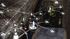 Network of connected workers animation over warehouse with forklift operator. Logistics, technology, teamwork, industry, automation, supply chain - Powered by Shutterstock - Get 15% off with code: PIKWIZARD15