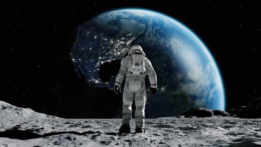 Spaceman in Space in Spacesuit on Planet on Earth Background. Astronaut Exploring Surface Moon in Expedition. 3d Animation Walking Man Cosmos Loop Footage. Unrecognizable Cosmonaut. 3D Illustration 4k - Powered by Shutterstock - Get 15% off with code: PIKWIZARD15