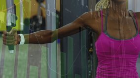 Exercising in gym, woman with financial data charts animation overlay. Fitness, technology, analytics, workout, health, finance - Powered by Shutterstock - Get 15% off with code: PIKWIZARD15