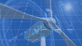 Wind turbine with financial data charts and graphs animation on blue grid background. Renewable, energy - Powered by Shutterstock - Get 15% off with code: PIKWIZARD15