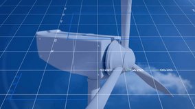 Wind turbine with financial data charts animation over blue sky background. Renewable, energy, wind power, sustainability, innovation, finance - Powered by Shutterstock - Get 15% off with code: PIKWIZARD15