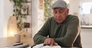 Bible, reading and senior man in home for gospel lessons, learning and spiritual belief. Religion, Christianity and mature person with holy book for scripture, worship and praying for faith in God - Powered by Shutterstock - Get 15% off with code: PIKWIZARD15