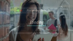 Processing data and loading animation over woman using tablet in busy environment. Technology, business, digital, devices, multitasking, information - Powered by Shutterstock - Get 15% off with code: PIKWIZARD15
