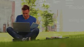 Programming code animation over young man using laptop and tablet outdoors. Technology, coding, multitasking, development, lifestyle, productivity - Powered by Shutterstock - Get 15% off with code: PIKWIZARD15