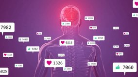 Social media engagement metrics animation over human body with highlighted brain. Analytics, digital, technology, socialmedia, neuroscience, data - Powered by Shutterstock - Get 15% off with code: PIKWIZARD15