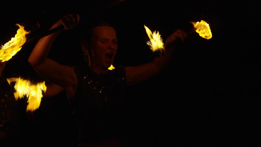 Women Dancing Fire Torches In Darkness, Flash Of Light On Beautiful Female Face, Dangerous Hobby