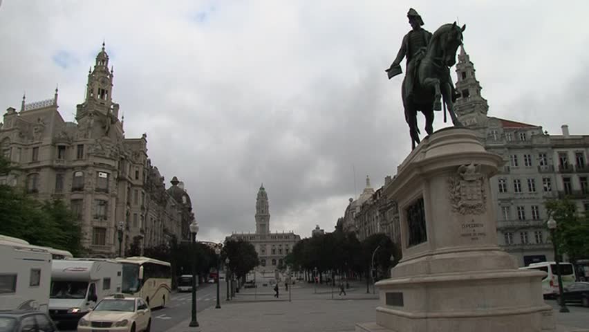 The monument of the king Pedro IV on the main square of Porto, Portugal 