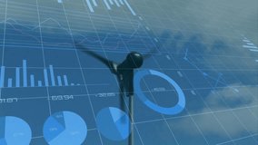 Wind turbine and financial data charts animation over blue sky background. Renewable, energy, sustainability, finance, growth, investment - Powered by Shutterstock - Get 15% off with code: PIKWIZARD15
