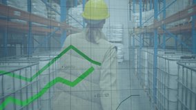Walking through warehouse, worker with helmet over stock market graph animation. logistics, industrial, inventory - Powered by Shutterstock - Get 15% off with code: PIKWIZARD15