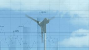 Wind turbine spinning with financial data animation over blue sky background. Sustainability, energy, renewable, finance, technology, environment - Powered by Shutterstock - Get 15% off with code: PIKWIZARD15