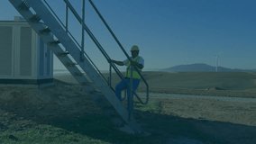 Worker in safety gear climbing stairs, financial data animation over industrial site. industry, finance, technology, protective, construction - Powered by Shutterstock - Get 15% off with code: PIKWIZARD15