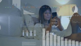 Data analytics animation over woman using smartphone while relaxing in bed. Technology, relaxation, digital, mobile, connectivity - Powered by Shutterstock - Get 15% off with code: PIKWIZARD15