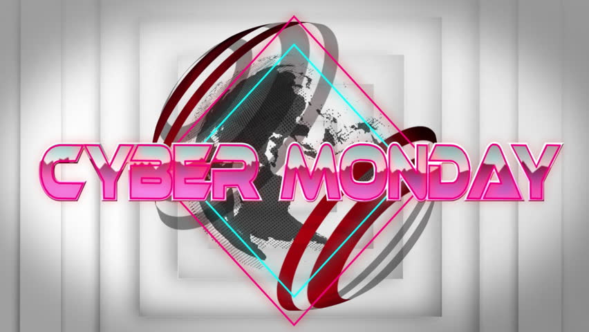 Cyber Monday text animation with globe and geometric shapes in background. Sale, discount, shopping, technology, marketing, retail - Powered by Shutterstock - Get 15% off with code: PIKWIZARD15