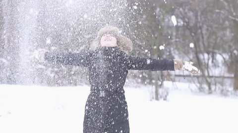 young women enjoying winter day outdoors. snow winter dream. slow motion. happy happiness Stockvideó