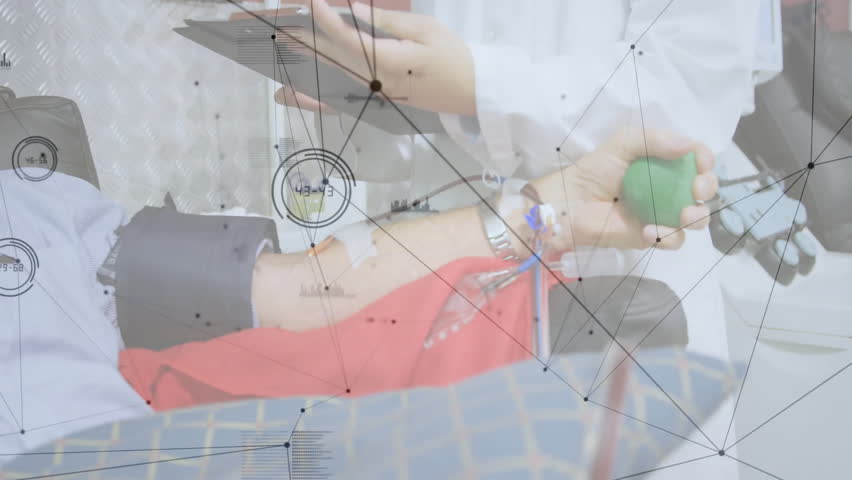 Using tablet, healthcare professional with network connections and data processing animation. technology, digital, medical