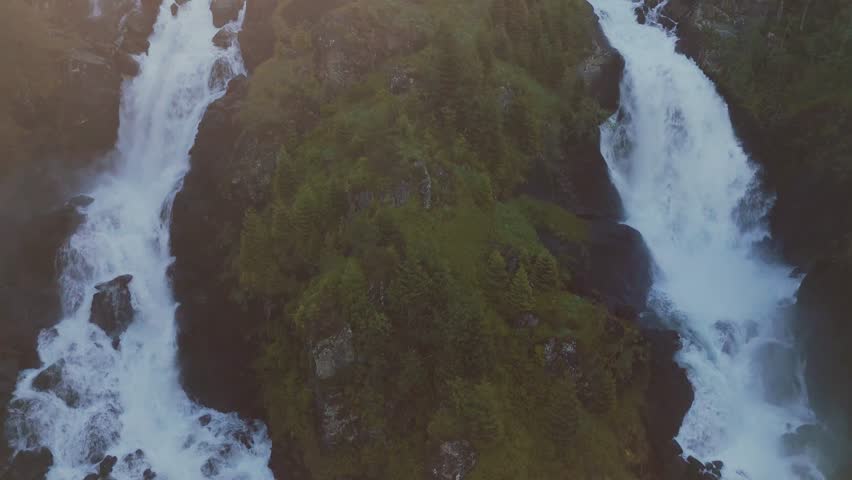 Waterfall in Norway, Northern Europe Scandinavia. Scenic Latefossen nature landscape aerial drone