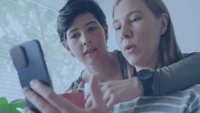 Viewing smartphone together, couple with data analytics animation over screen. Technology, digital, interaction, teamwork - Powered by Shutterstock - Get 15% off with code: PIKWIZARD15