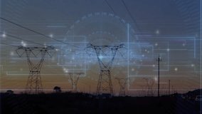 Power lines and electrical grids with data processing animation during sunset. Electricity, infrastructure, energy, technology, digital, animated - Powered by Shutterstock - Get 15% off with code: PIKWIZARD15