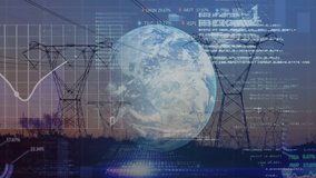 Earth with data processing animation over power lines and financial statistics. Technology, digital, analytics, electricity, finance, global - Powered by Shutterstock - Get 15% off with code: PIKWIZARD15