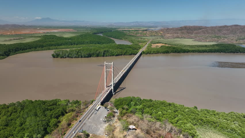 Aerial view toward the Amistad Bridge (Puente La Amistad de Taiwán) in Costa Rica