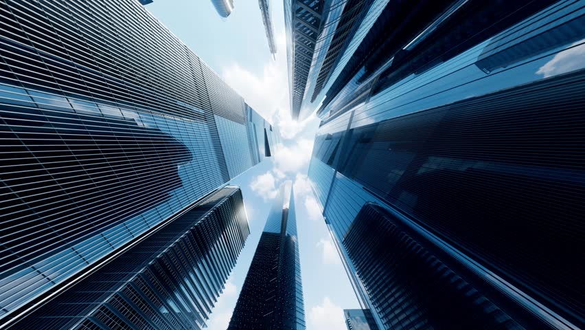 just start. Businessman Working in Office among Skyscrapers. Hologram Concept