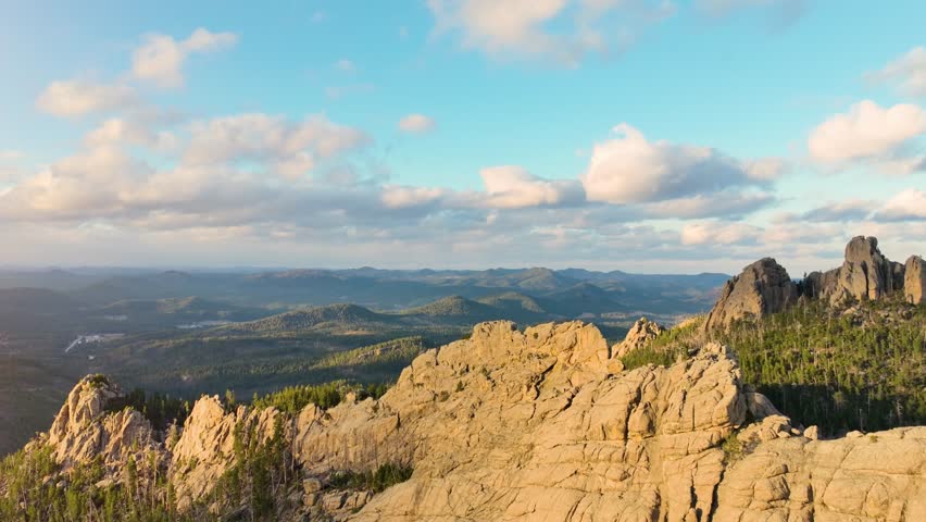 Aerial of the amazing landscape of the Black Hills in South Dakota at sunset.