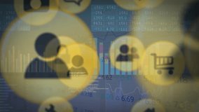 Icons representing social interaction and shopping animation over financial data. money, economy - Powered by Shutterstock - Get 15% off with code: PIKWIZARD15