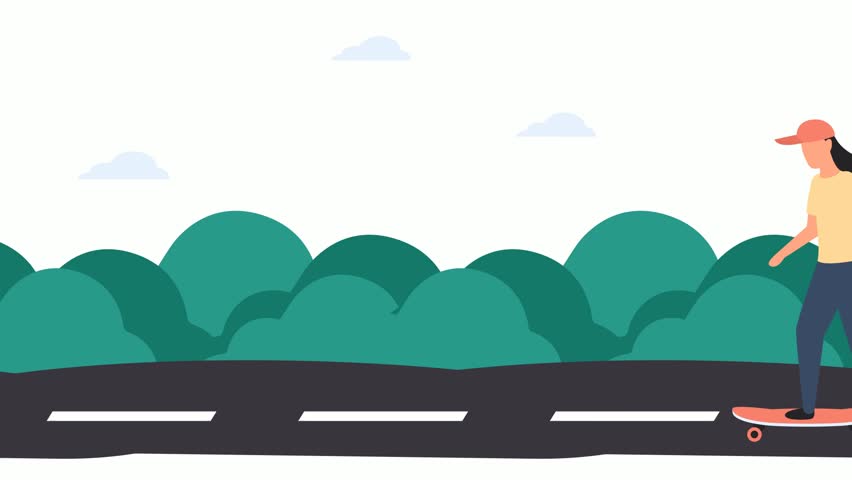 Little girl play surf skate board at park animation, teenage street skateboard wearing Cap and enjoying ride animated video, Weekly holiday Activity footage, Week Rest Day Clip, Lazy weekends people 