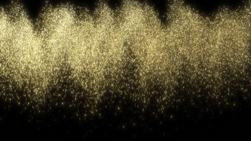 Golden Dust Falling Slow Motion Black Background Abstract 3d Animation. Gold, Silver, Blue Color Confetti Pouring Isolated. Beautiful Sparkle Particles Blow Curtain Close-up Design Element Concept 4k.