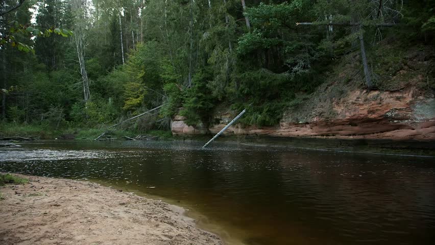 Wild River Bend with Fallen Trees and a Red Rock Outcrop on the Bank in Forest. The Beautiful Banks of the River Open Nice Views, Which are Hidden in the Forest. Seen when Going out.