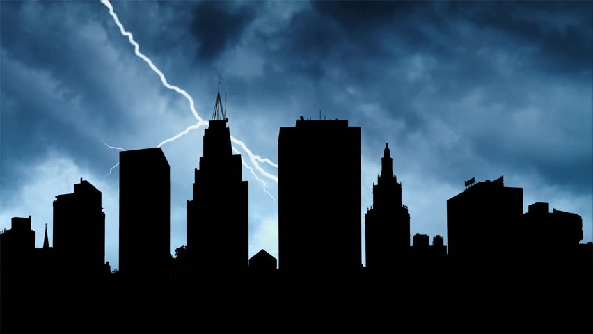 Newark, New Jersey. Lightning and Thunderstorm Flash over Skyline in Silhouette of City, USA