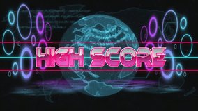High score text animation over digital globe with neon elements. Technology, futuristic, cyber, glowing, global, virtual - Powered by Shutterstock - Get 15% off with code: PIKWIZARD15