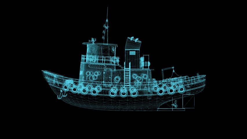 Boat wireframe scheme. 3d render with blue grid lines. Loop rotation on black background.