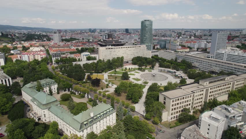 Aerial - Freedom Square and surrounding cityscape in Bratislava, Slovakia