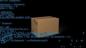 Cardboard box with animated code snippets over black background. Technology, coding, animation, programming, digital, futuristic - Powered by Shutterstock - Get 15% off with code: PIKWIZARD15
