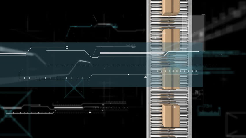 Boxes on conveyor belt with data processing animation over black background. Automation, manufacturing, logistics, technology, production, industrial - Powered by Shutterstock - Get 15% off with code: PIKWIZARD15