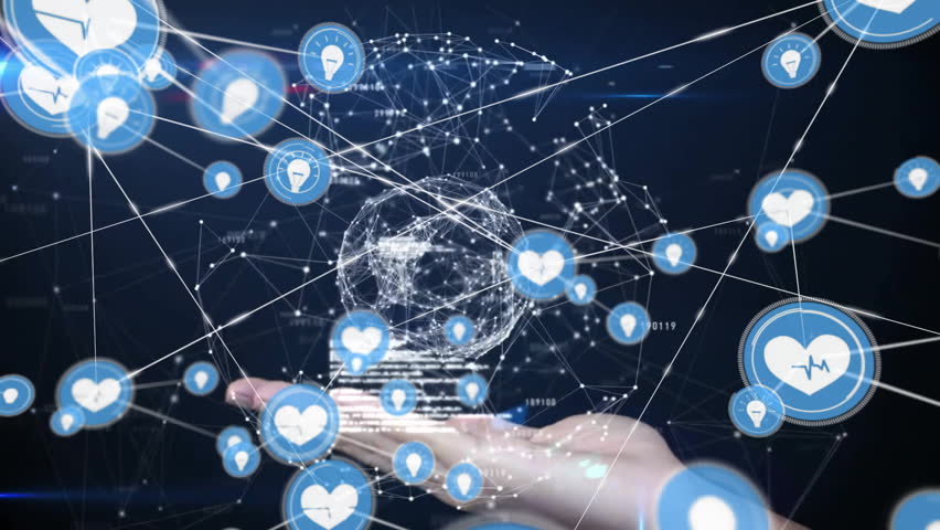 Hand holding holographic globe with health icons, network connections animation. Technology, innovation, healthcare, digital, futuristic, hologram - Powered by Shutterstock - Get 15% off with code: PIKWIZARD15
