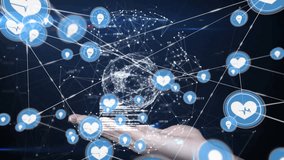 Hand holding holographic globe with health icons, network connections animation. Technology, innovation, healthcare, digital, futuristic, hologram - Powered by Shutterstock - Get 15% off with code: PIKWIZARD15