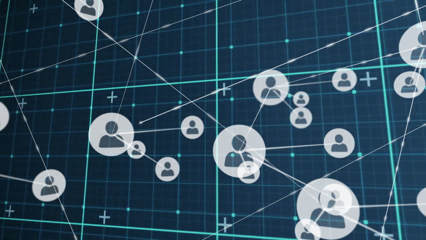 Network of connected user icons, data processing animation over blue grid background. Technology, networking, connectivity, digital, cyberspace, communication - Powered by Shutterstock - Get 15% off with code: PIKWIZARD15