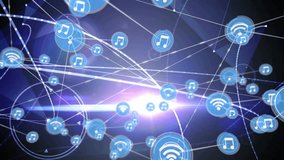 Music and Wi-Fi icons connected by lines, network connectivity animation. Technology, communication, connection, wireless, internet, illustration - Powered by Shutterstock - Get 15% off with code: PIKWIZARD15