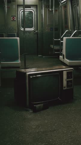 Old TV Displaying Blue Chroma Key in an Empty Subway Car - Vertical 4K