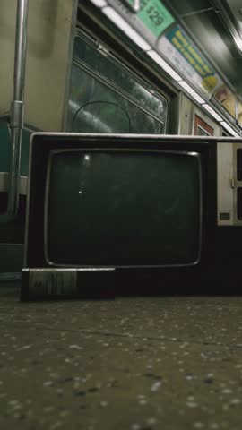 Antique Television Powering On with Green Screen in an Empty Subway Car - Vertical 4K