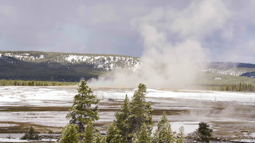 Cinematic shot of scenic winter landscape in Yellowstone National Park, USA