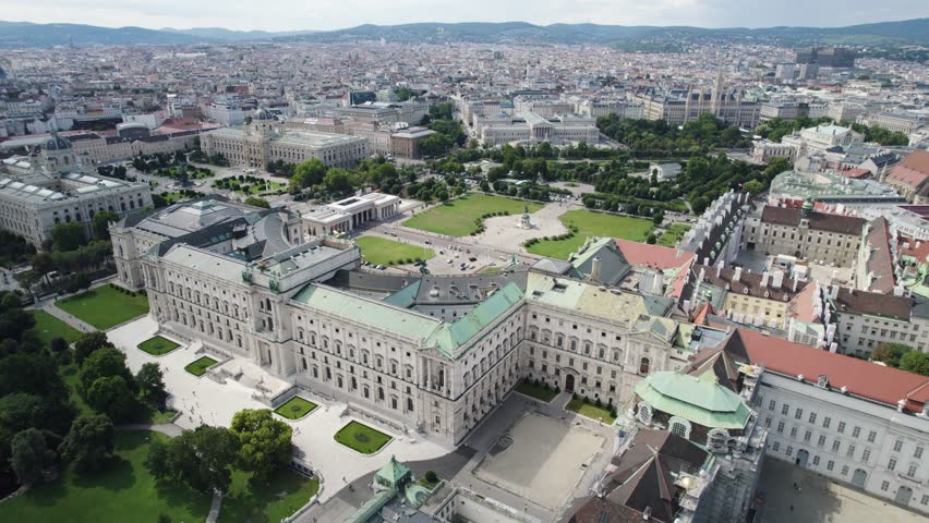 Hofburg palace in Heldenplatz heroes square. Aerial view at daytime