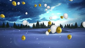 Gold and white balloons animation over snowy landscape with pine trees. Winter, celebration, festive, nature, forest - Powered by Shutterstock - Get 15% off with code: PIKWIZARD15